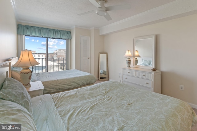11 142nd St Unit 31003, Ocean City, MD 21842 - bedroom with access to exterior, ornamental molding, ceiling fan, and a textured ceiling