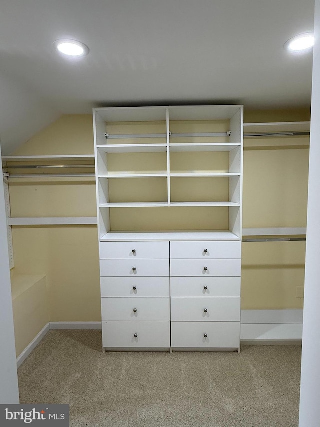 walk in closet featuring lofted ceiling and carpet