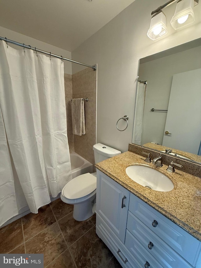 bathroom with vanity, toilet, shower / bath combination with curtain, and tile patterned floors