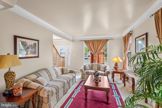 living area with stairway, crown molding, and light colored carpet