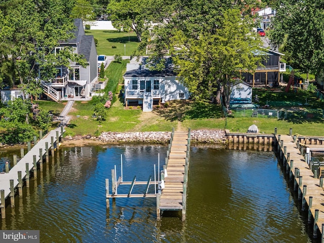 7847 Leymar Rd, Glen Burnie, MD 21060 - dock area with a water view, stairs, and a yard