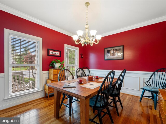 126 Boydton Plank Dr, Stephens City, VA 22655 - dining area featuring a chandelier, crown molding, wainscoting, and wood finished floors
