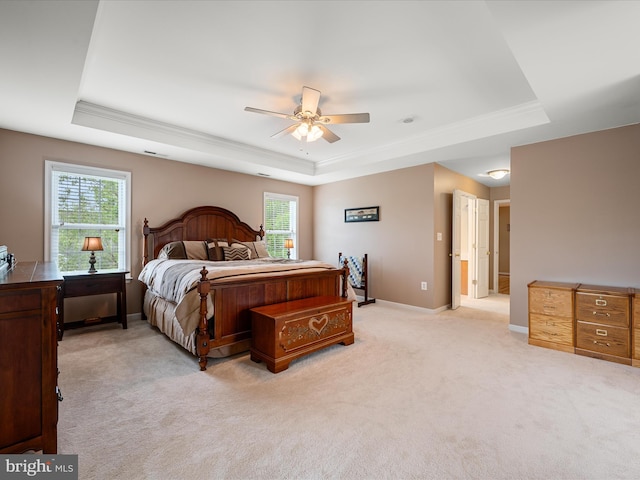 126 Boydton Plank Dr, Stephens City, VA 22655 - bedroom featuring light colored carpet, ornamental molding, ceiling fan, a tray ceiling, and baseboards