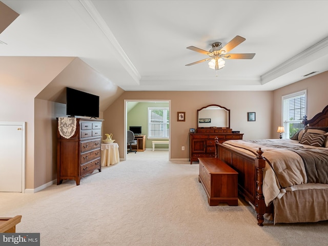 126 Boydton Plank Dr, Stephens City, VA 22655 - bedroom with light carpet, a raised ceiling, visible vents, and ornamental molding