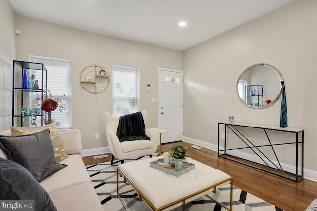 living area featuring wood finished floors, baseboards, and recessed lighting