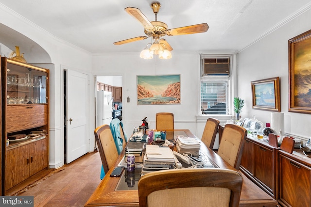 5766 W Jefferson St, Philadelphia, PA 19131 - dining area with a ceiling fan, light wood-style floors, and crown molding
