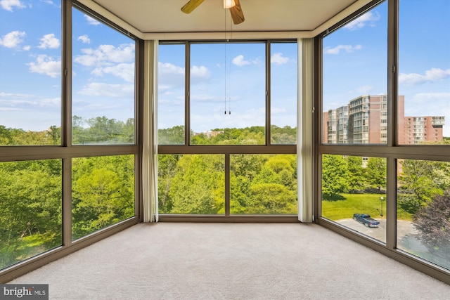unfurnished sunroom with carpet flooring, expansive windows, and a healthy amount of sunlight