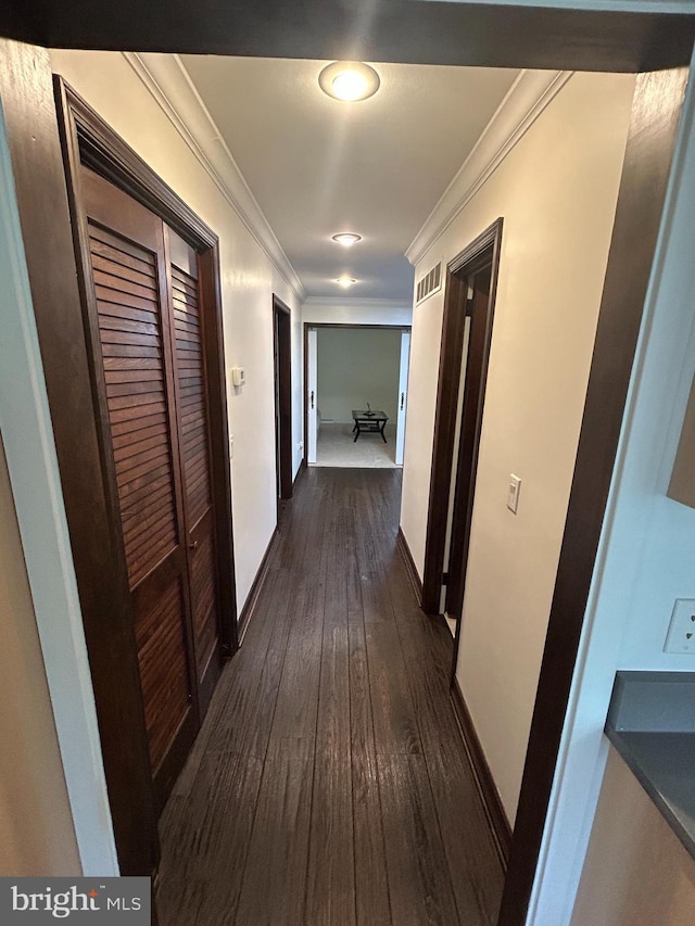 115 Carnoustie Rd, Dover, DE 19904 - hall with baseboards, dark wood-style flooring, crown molding, and visible vents