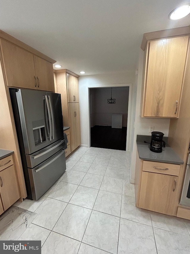 115 Carnoustie Rd, Dover, DE 19904 - kitchen featuring recessed lighting, light brown cabinetry, dark countertops, and appliances with stainless steel finishes