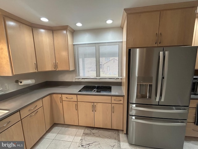 115 Carnoustie Rd, Dover, DE 19904 - kitchen featuring stainless steel fridge with ice dispenser, marble finish floor, black electric stovetop, and light brown cabinetry