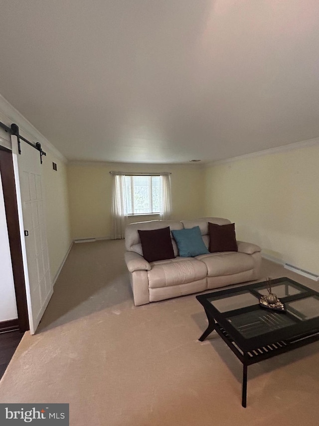 115 Carnoustie Rd, Dover, DE 19904 - living room featuring carpet flooring, crown molding, visible vents, and a barn door