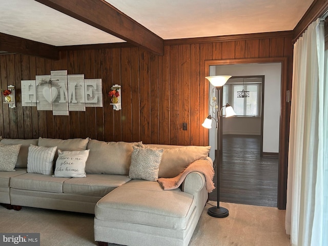 115 Carnoustie Rd, Dover, DE 19904 - living area with carpet flooring, beamed ceiling, and wooden walls
