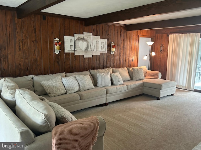 115 Carnoustie Rd, Dover, DE 19904 - living area featuring carpet flooring, beam ceiling, and wood walls