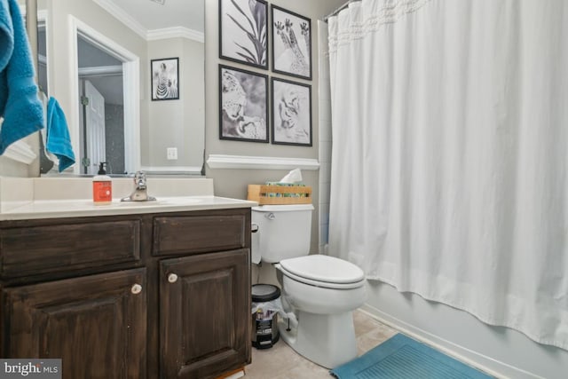 8645 Adrienne Pl, Manassas, VA 20110 - full bath featuring crown molding, vanity, toilet, shower / bath combination with curtain, and tile patterned floors