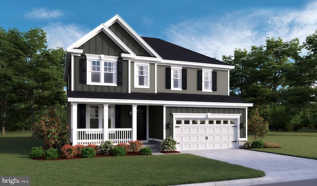 view of front of house with a porch, an attached garage, concrete driveway, a front lawn, and board and batten siding