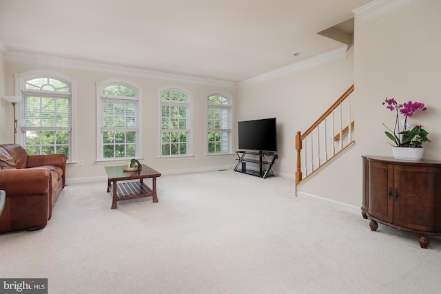 carpeted living room featuring stairway, crown molding, and baseboards