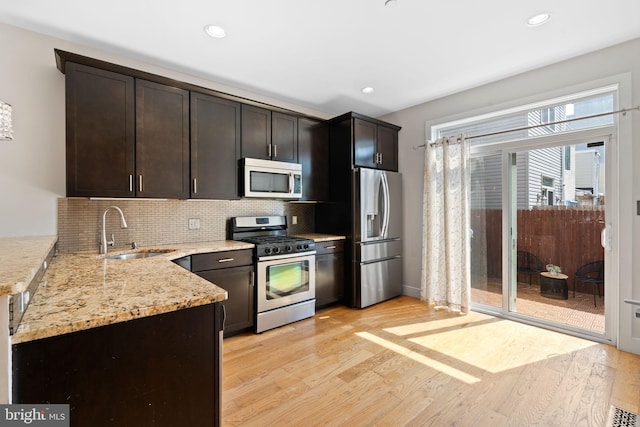 kitchen featuring light wood finished floors, a sink, stainless steel appliances, light stone countertops, and tasteful backsplash
