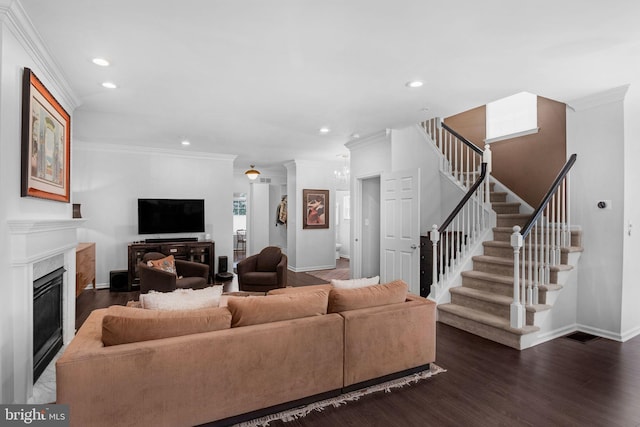 760 Whitetail Cir, King Of Prussia, PA 19406 - living area with crown molding, stairway, recessed lighting, a premium fireplace, and baseboards
