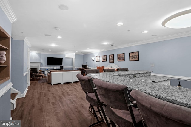 760 Whitetail Cir, King Of Prussia, PA 19406 - bar featuring ornamental molding, a fireplace, recessed lighting, and dark wood-style floors