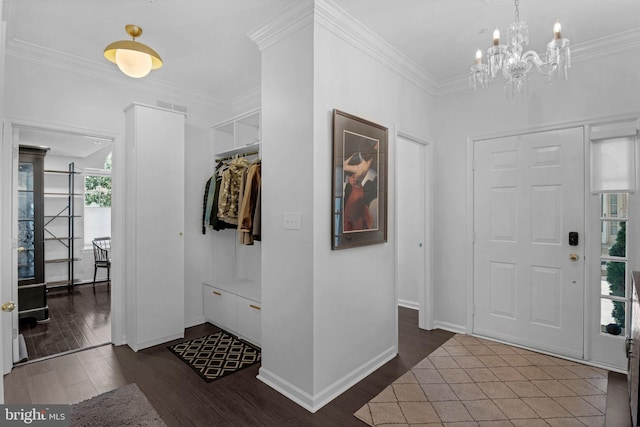 760 Whitetail Cir, King Of Prussia, PA 19406 - entrance foyer with dark wood-type flooring, crown molding, a chandelier, and baseboards