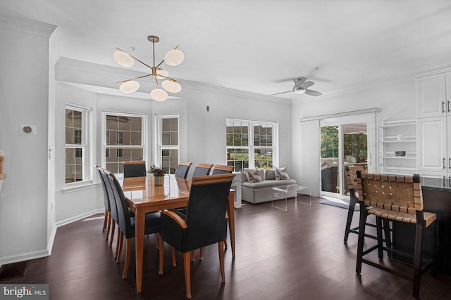 760 Whitetail Cir, King Of Prussia, PA 19406 - dining room featuring crown molding, dark wood-style floors, a chandelier, ceiling fan, and baseboards