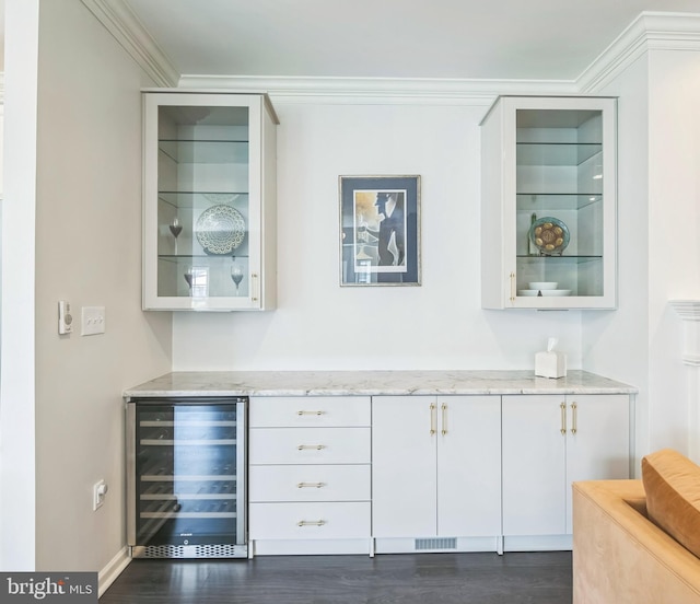 760 Whitetail Cir, King Of Prussia, PA 19406 - indoor dry bar featuring beverage cooler, ornamental molding, and dark wood finished floors