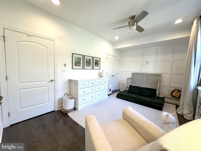 bedroom with dark wood finished floors, recessed lighting, and a ceiling fan