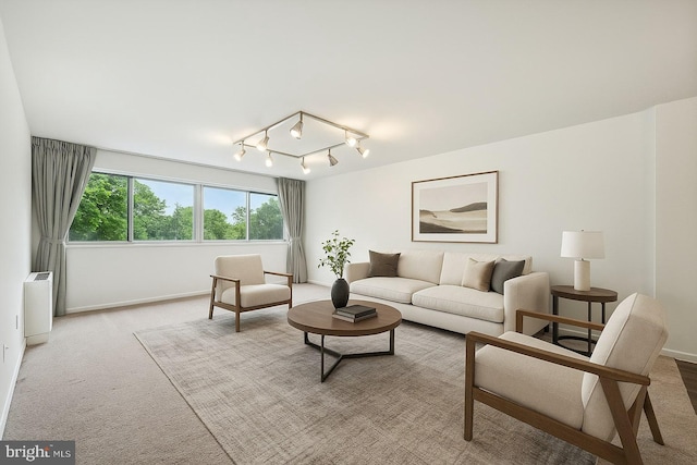 carpeted living area with baseboards and track lighting