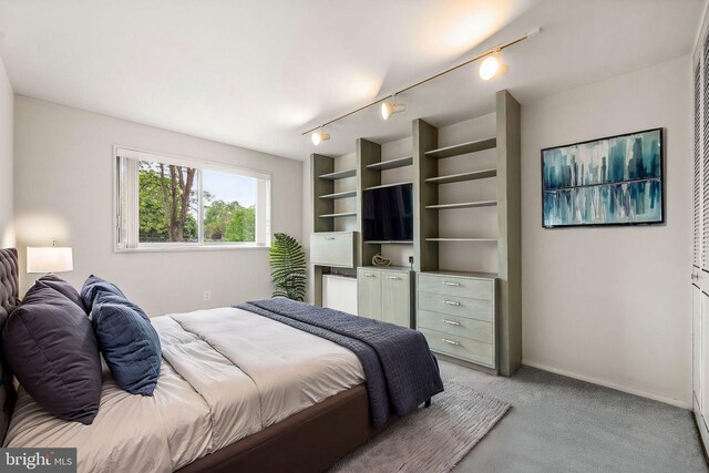 bedroom featuring light carpet, track lighting, and baseboards