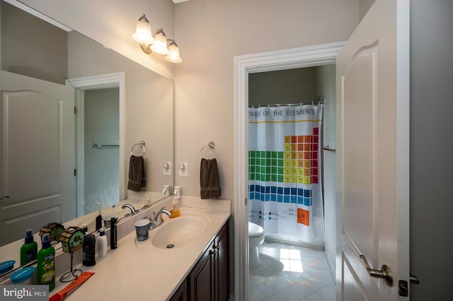 full bath with toilet, tile patterned flooring, vanity, and a shower with curtain