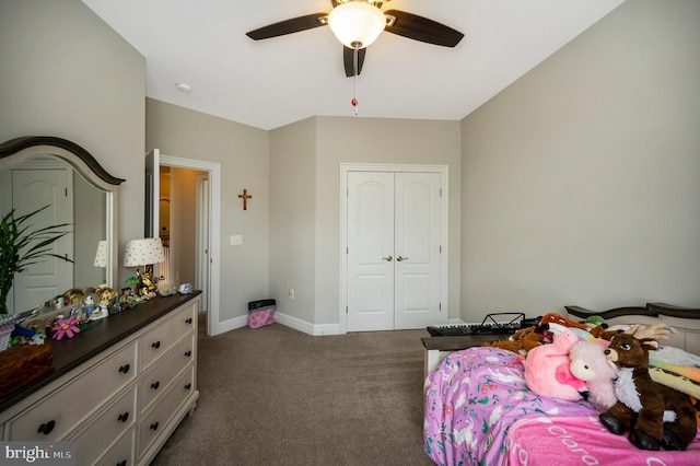 bedroom with carpet flooring, a closet, a ceiling fan, and baseboards
