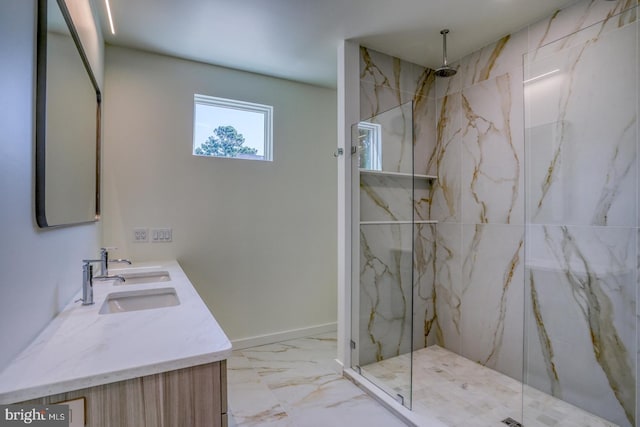 19690 Dunbar St, Rehoboth Beach, DE 19971 - full bath featuring a marble finish shower, double vanity, and marble finish floors
