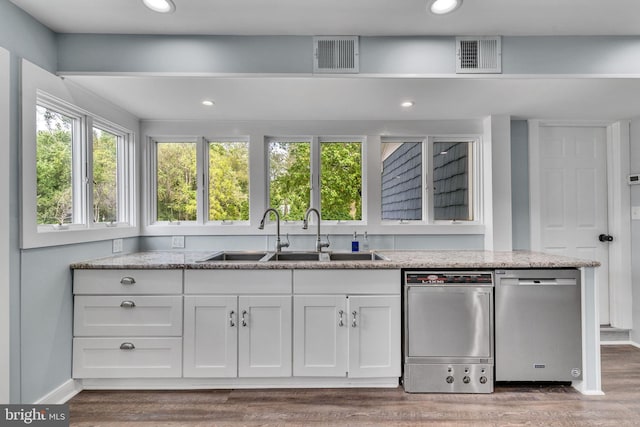 kitchen featuring white cabinets, dishwasher, visible vents, and a sink
