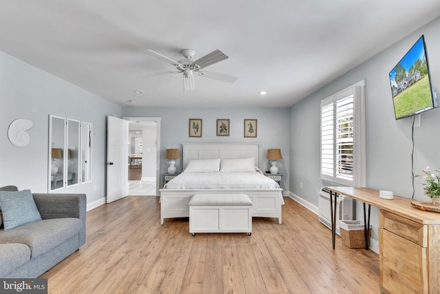 bedroom with light wood-type flooring, baseboards, a ceiling fan, and recessed lighting