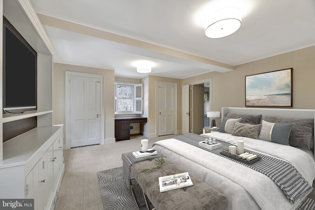 bedroom featuring baseboards and light colored carpet
