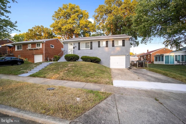4112 Norcross St, Temple Hills, MD 20748 - view of front of home featuring concrete driveway, an attached garage, a front lawn, and a chimney