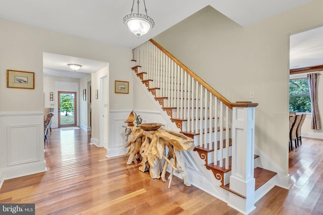 stairway with a decorative wall, a wainscoted wall, plenty of natural light, and wood finished floors