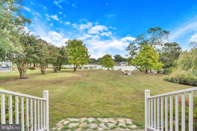view of yard with a water view