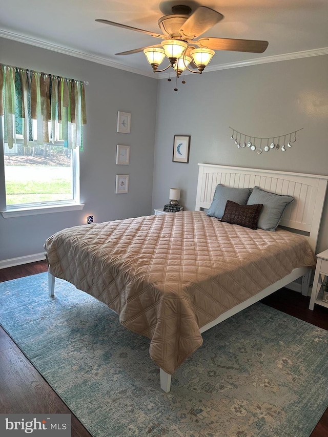 8186 Ebbtide Ln, Lusby, MD 20657 - bedroom featuring ornamental molding, baseboards, a ceiling fan, and wood finished floors