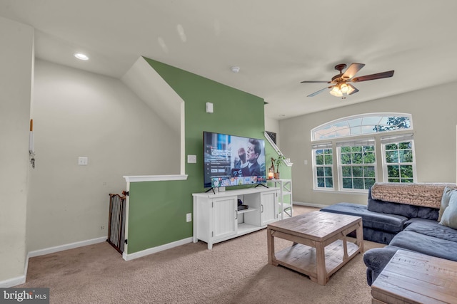 carpeted living room with baseboards, ceiling fan, and recessed lighting