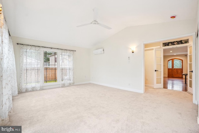 905 Burke Dr, Woodbridge, VA 22191 - empty room with lofted ceiling, ceiling fan, carpet, an AC wall unit, and baseboards
