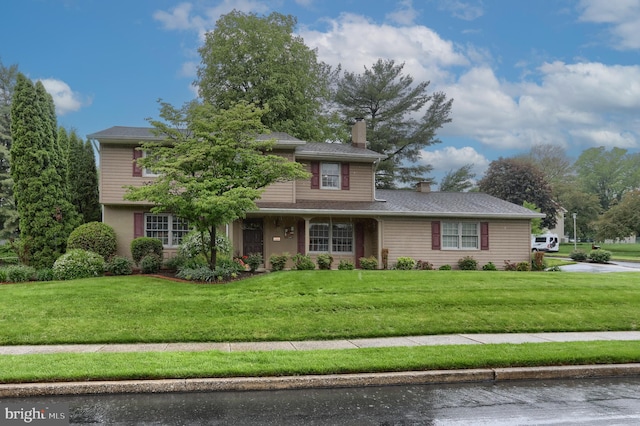 traditional-style home featuring a chimney and a front yard