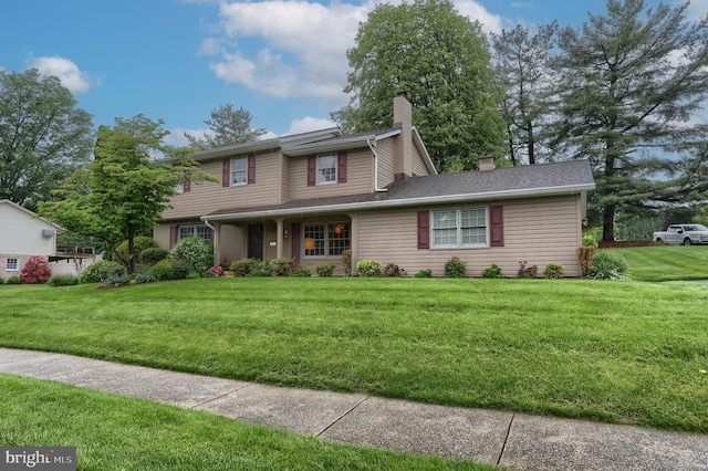 traditional-style house featuring a chimney and a front lawn