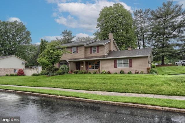 traditional home with a chimney and a front lawn