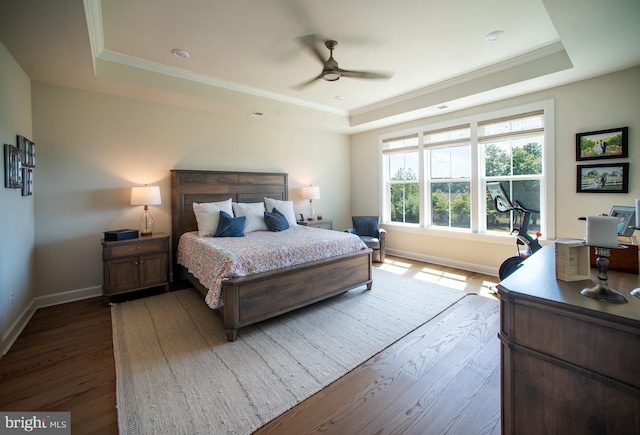 bedroom with a tray ceiling, wood finished floors, and baseboards