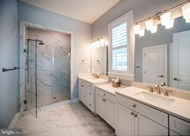 full bathroom featuring a marble finish shower, marble finish floor, baseboards, and a healthy amount of sunlight
