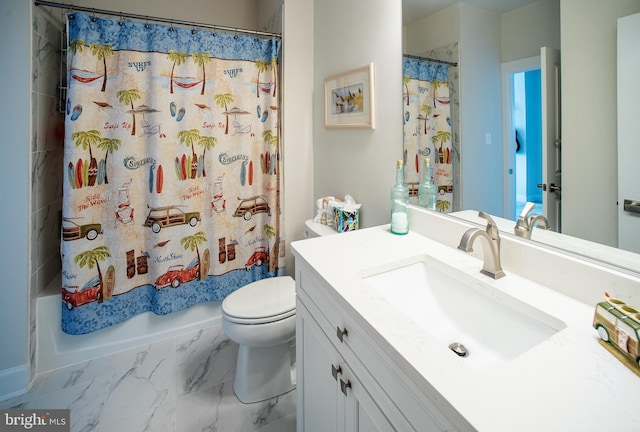full bathroom with toilet, marble finish floor, shower / tub combo, and vanity