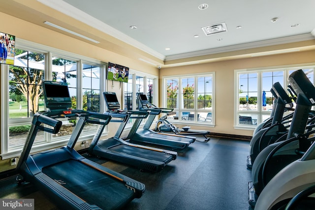 workout area with crown molding, baseboards, a healthy amount of sunlight, and visible vents