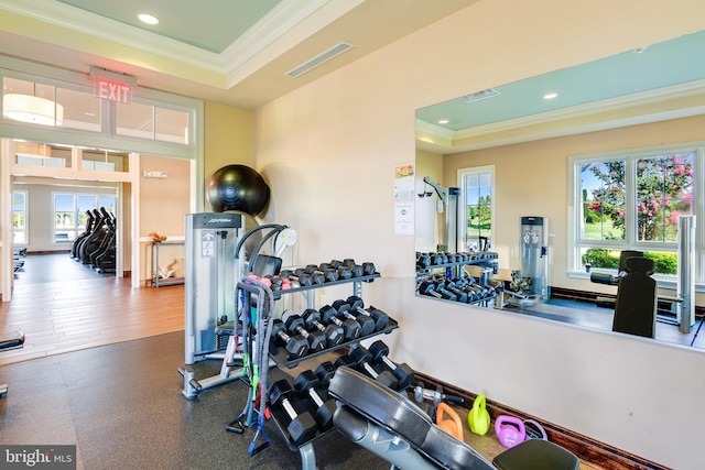 workout area featuring visible vents, a raised ceiling, ornamental molding, and recessed lighting