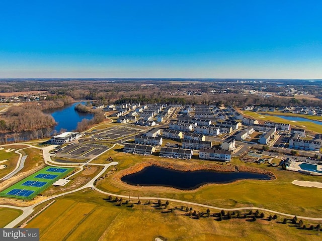 drone / aerial view with a water view